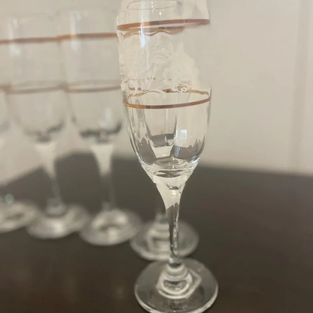 CICLE WARE SET OF 6‎ CHAMPAGNE FLUTES DUTCHES GOLD RIM FLORAL MADE IN TURKEY